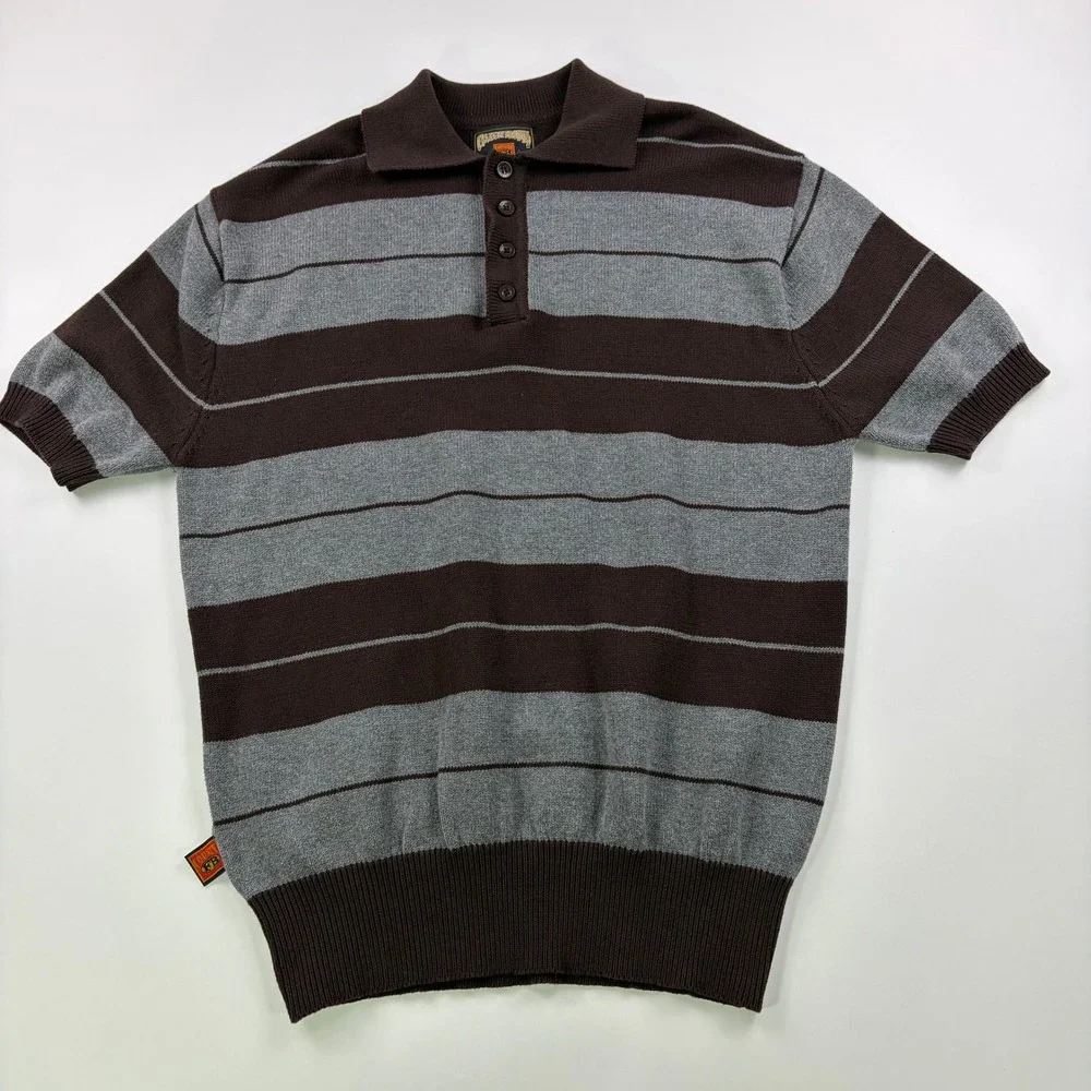 FB County Striped Knit Polo Sweater Mens Small Brown Grey Short Sleeve OG Style